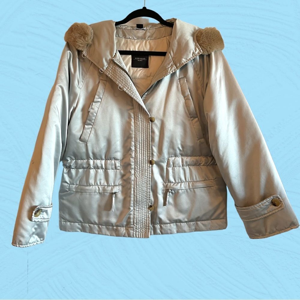 Max Mara Weekend silver winter jacket cinched waist rabbit fur hood. - Picture 6 of 12